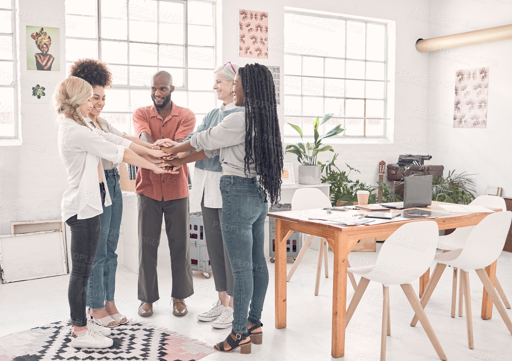 Buy stock photo Business people, hands and stack at startup with teamwork, diversity or excited with synergy in modern office. Women, man and group in scrum, huddle and celebration with motivation at creative agency