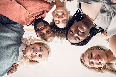 Buy stock photo Business people, portrait and circle in office with low angle, teamwork and diversity with hug for synergy. Women, man and group in scrum, huddle and connection with solidarity at creative agency