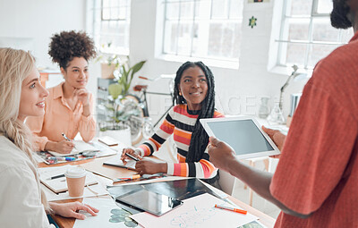 Buy stock photo Meeting, startup and business people with tablet for presentation, discussion and ideas for group project. Teamwork, creative company and men and women for collaboration, planning and feedback 