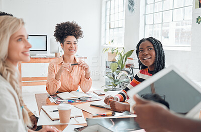 Buy stock photo Meeting, startup and business women in office for planning, discussion and ideas for group project. Teamwork, creative company and workers for collaboration, presentation and working together