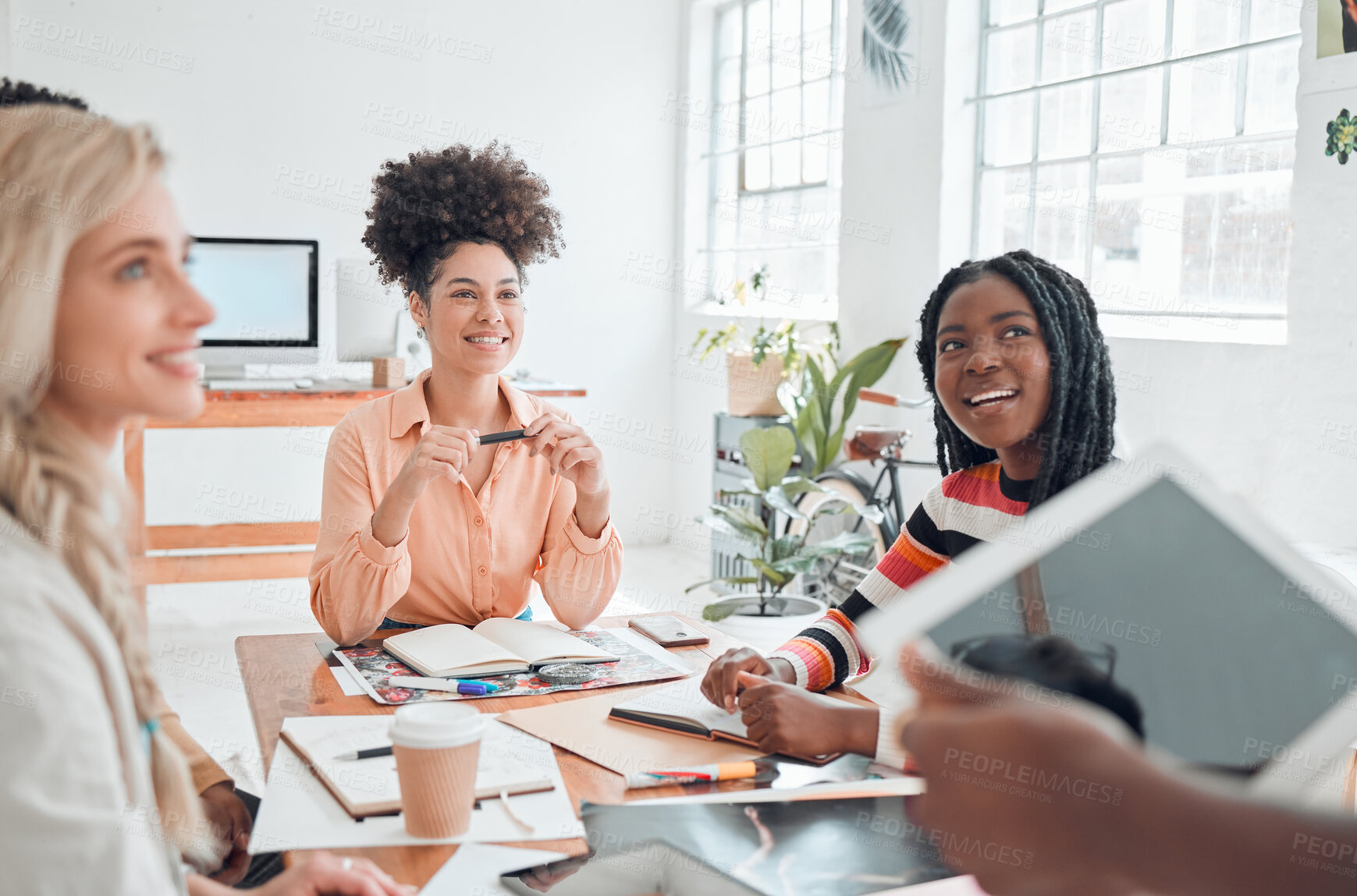 Buy stock photo Meeting, startup and business women in office for planning, discussion and ideas for group project. Teamwork, creative company and workers for collaboration, presentation and working together