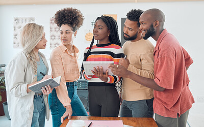 Buy stock photo Meeting, startup and business people on tablet for discussion, planning and ideas for group project. Teamwork, creative company and men and women for collaboration, conversation and online feedback 