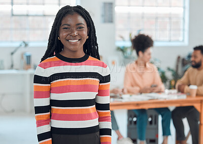 Buy stock photo Happy, confident and portrait of African woman in office for creative magazine internship at startup. Smile, pride and female journalism student with job shadowing at copywriting agency in Kenya