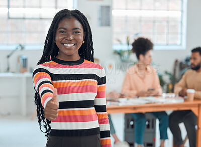 Buy stock photo Happy, thumbs up and portrait of black woman in office for creative magazine internship at startup. Smile, pride and African female journalism student with job shadowing at copywriting agency.