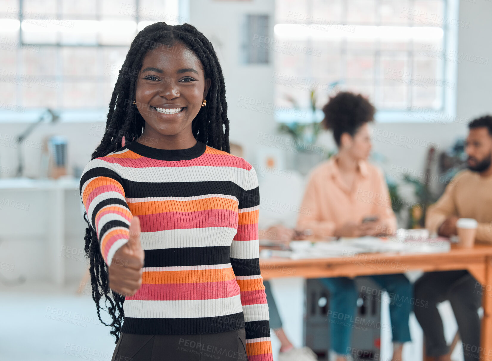 Buy stock photo Happy, thumbs up and portrait of black woman in office for creative magazine internship at startup. Smile, pride and African female journalism student with job shadowing at copywriting agency.