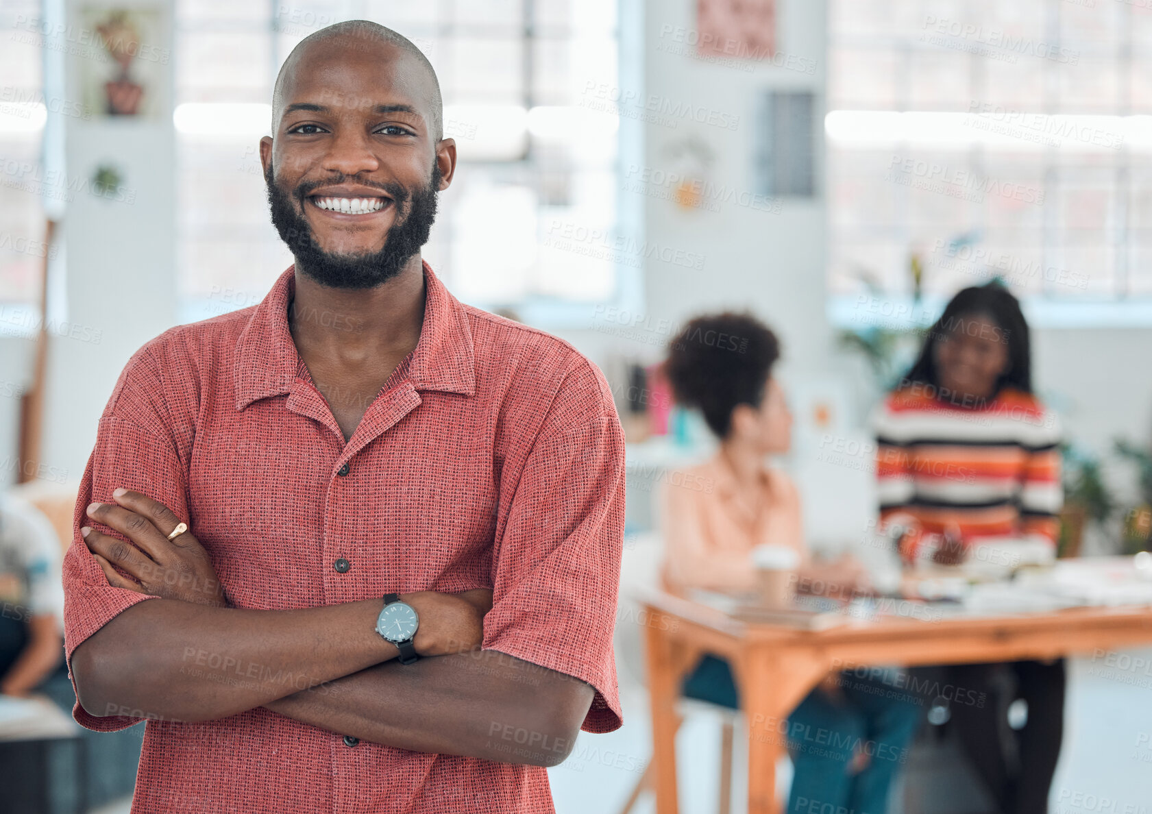 Buy stock photo Happy, confident and portrait of African man in office for creative magazine internship at startup. Crossed arms, pride and male journalism student with job shadowing at copywriting agency in Kenya