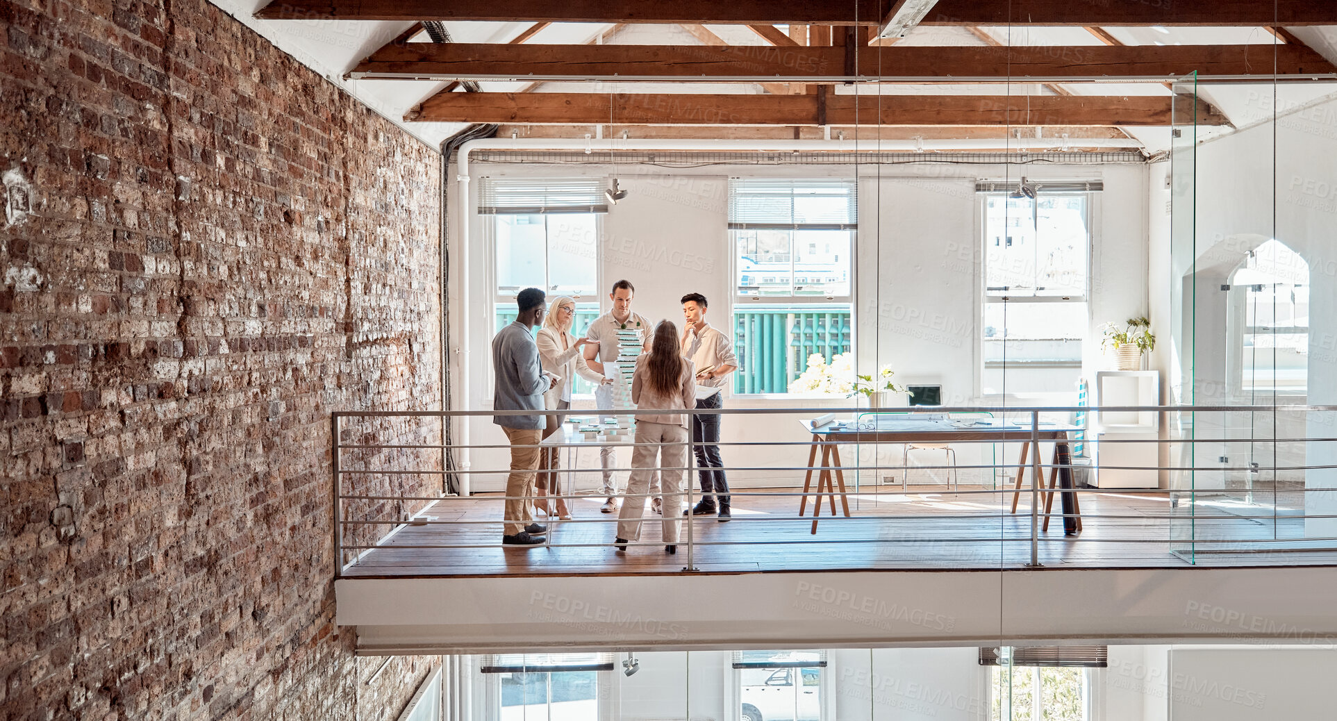 Buy stock photo People, group and architect in meeting, office and circle for ideas, brainstorming and solution with project. Team, huddle and scrum with discussion, creativity and diversity for property at startup