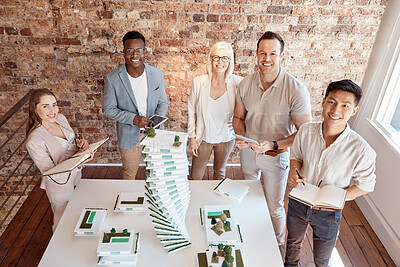 Buy stock photo Architecture, model and portrait of business people in meeting for planning, property development and building. Teamwork, collaboration and men and women in office with blueprint, project and design