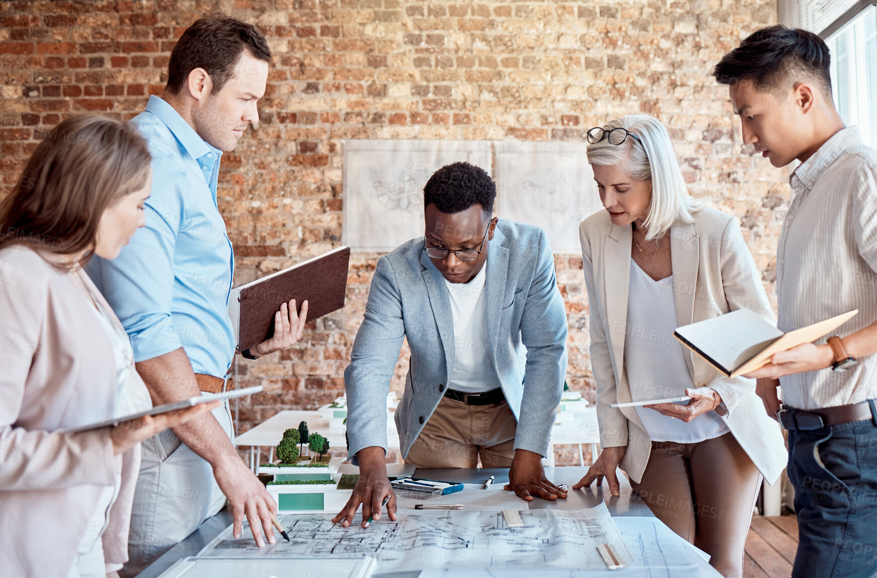 Buy stock photo Architecture, blueprint and business people in meeting for planning, property development and building. Teamwork, collaboration and men and women in office with documents, floorplan and design