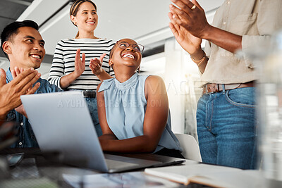 Buy stock photo Team, people and applause for meeting in office with laptop email, promotion success and project winner. Smile, employees and online news of kpi goal, progress and celebration of proposal achievement