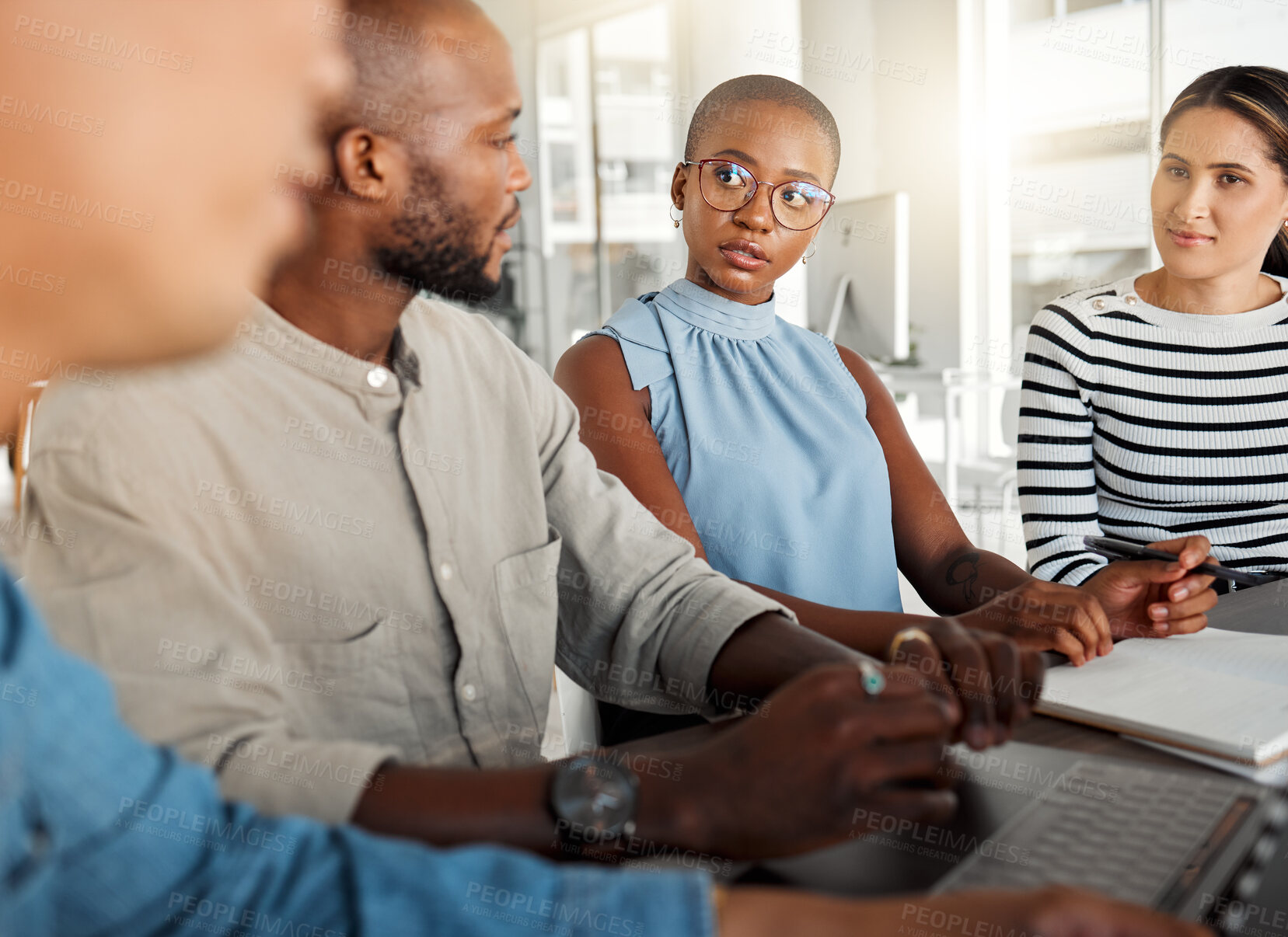 Buy stock photo Business people, meeting and collaboration in office with digital media management team and chat. Teamwork, conversation and online campaign launch and planning with laptop and diversity at startup 