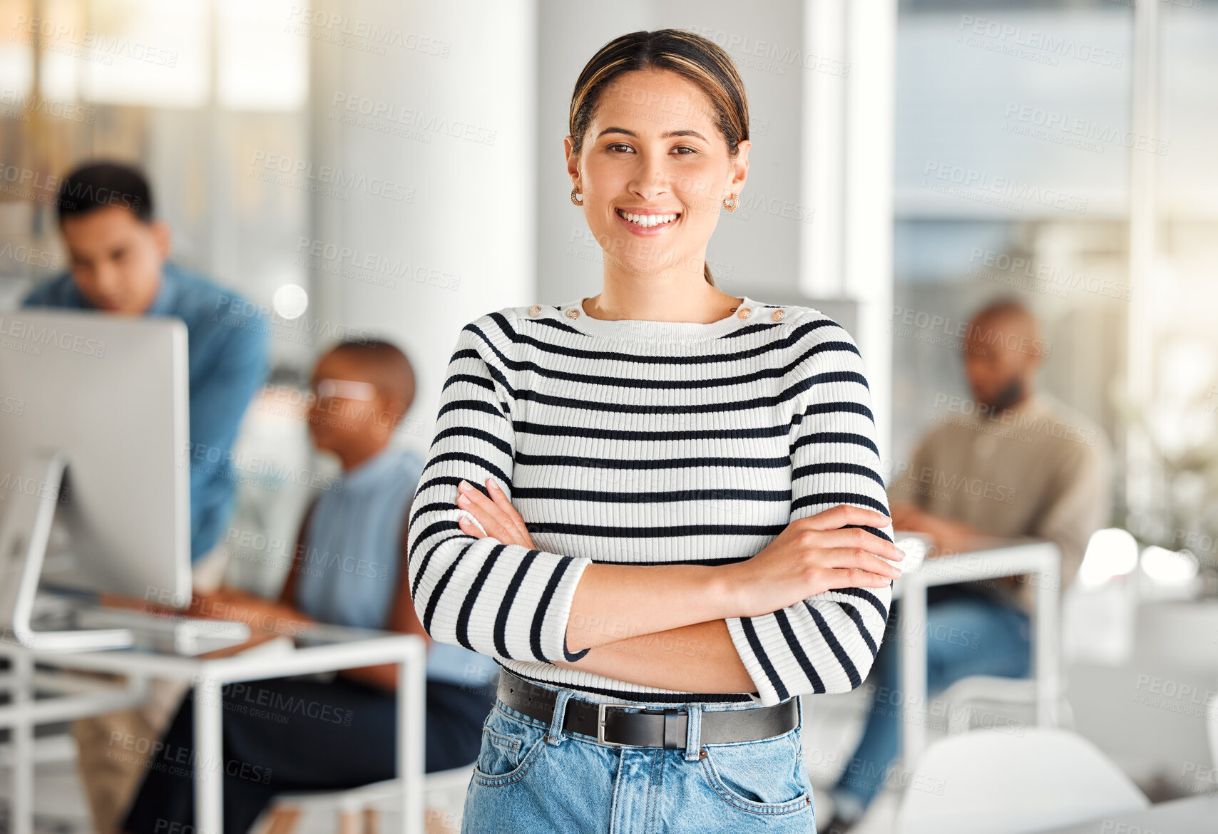 Buy stock photo Business woman, portrait and arms crossed in office with content creation team and smile. Happy, professional and creative agency with digital editor and seo writer at an online magazine company