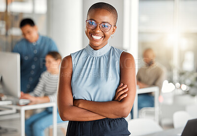 Buy stock photo Black woman, business portrait and arms crossed in office with content creation team and smile. Happy, professional and creative agency with digital editor and seo writer at online magazine company