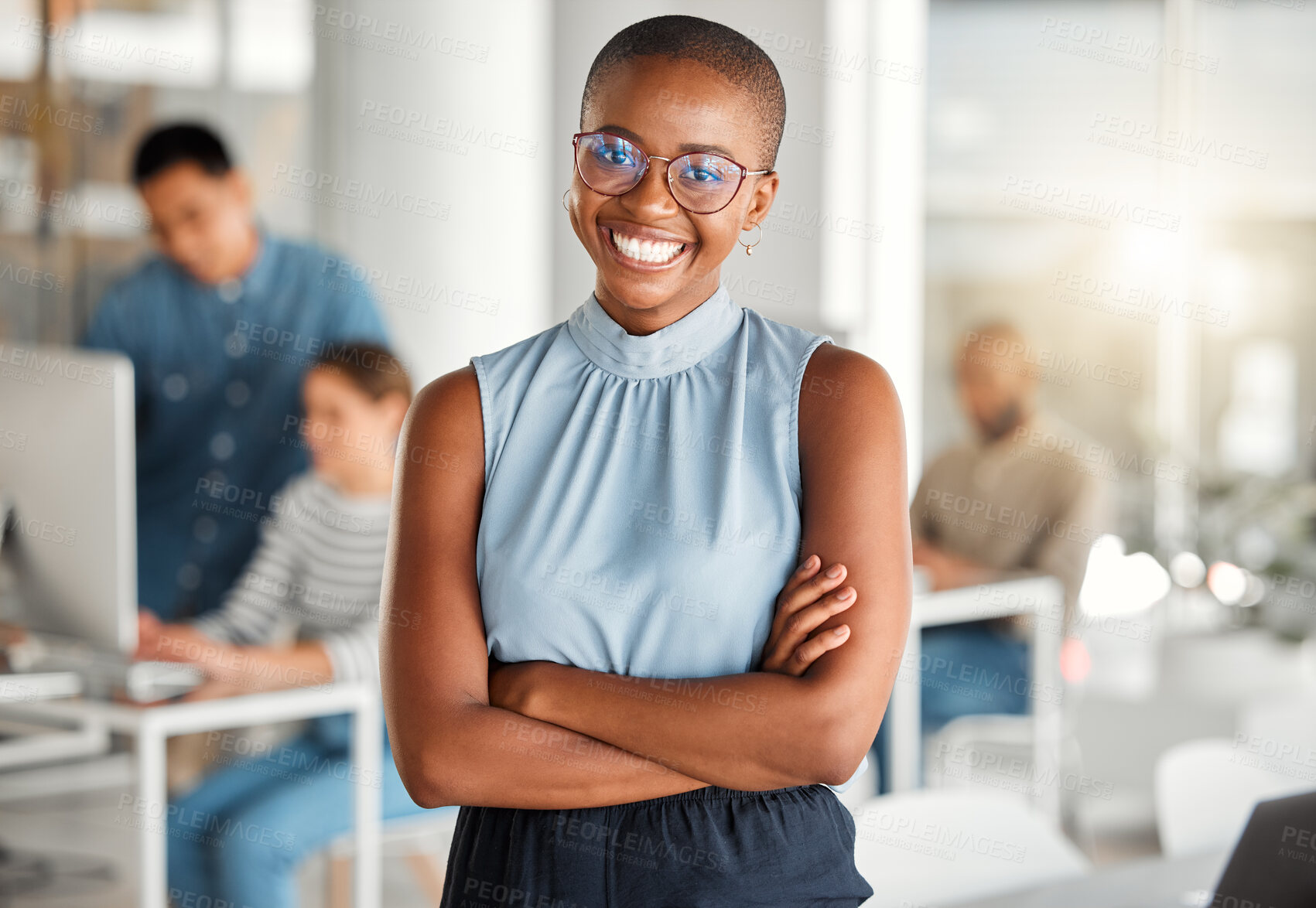 Buy stock photo Black woman, business portrait and arms crossed in office with content creation team and smile. Happy, professional and creative agency with digital editor and seo writer at online magazine company