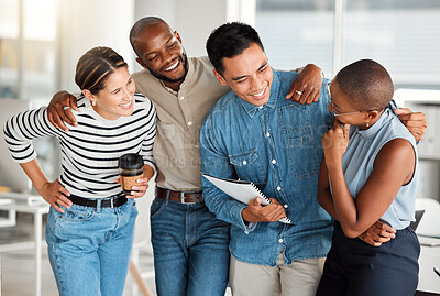 Buy stock photo Business people, hug and team laugh for conversation in office, break and friends for collaboration. Employees, funny joke and discussion in meeting with diversity, comedy and together for planning