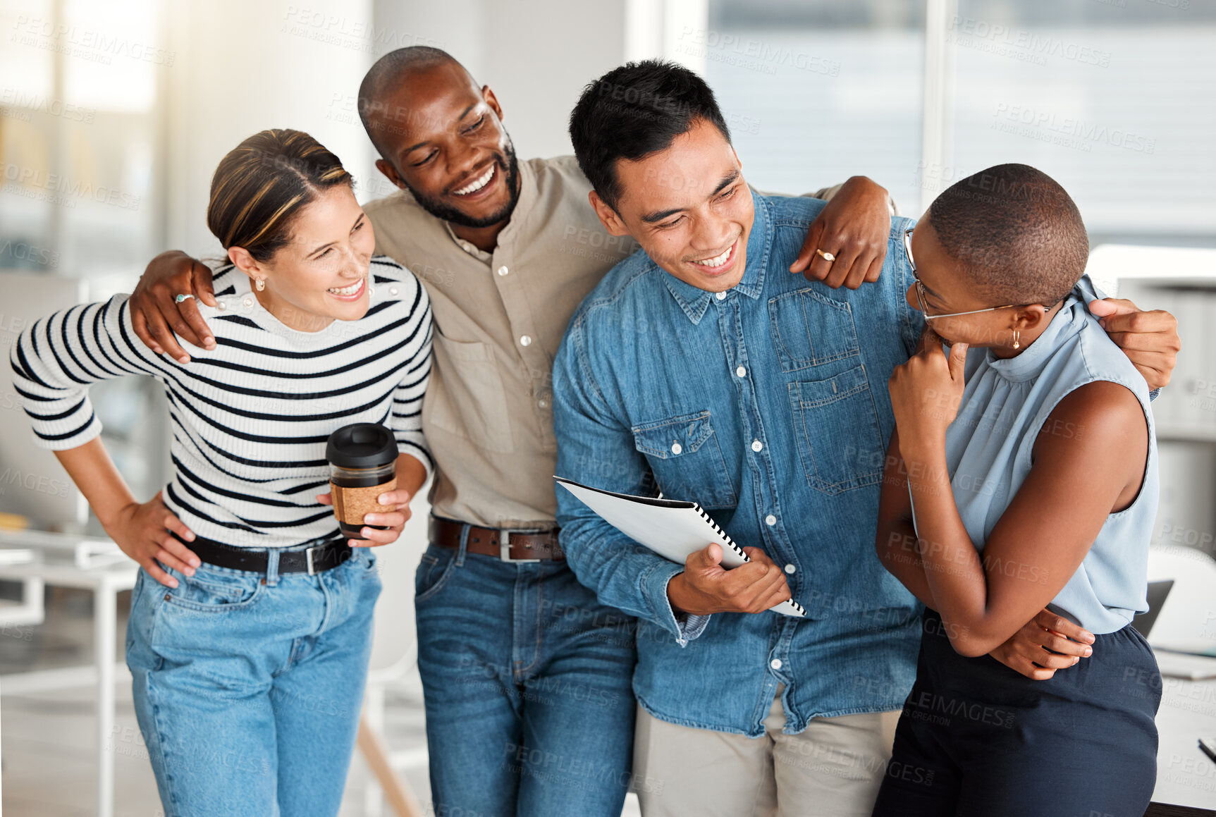 Buy stock photo Business people, hug and team laugh for conversation in office, break and friends for collaboration. Employees, funny joke and discussion in meeting with diversity, comedy and together for planning