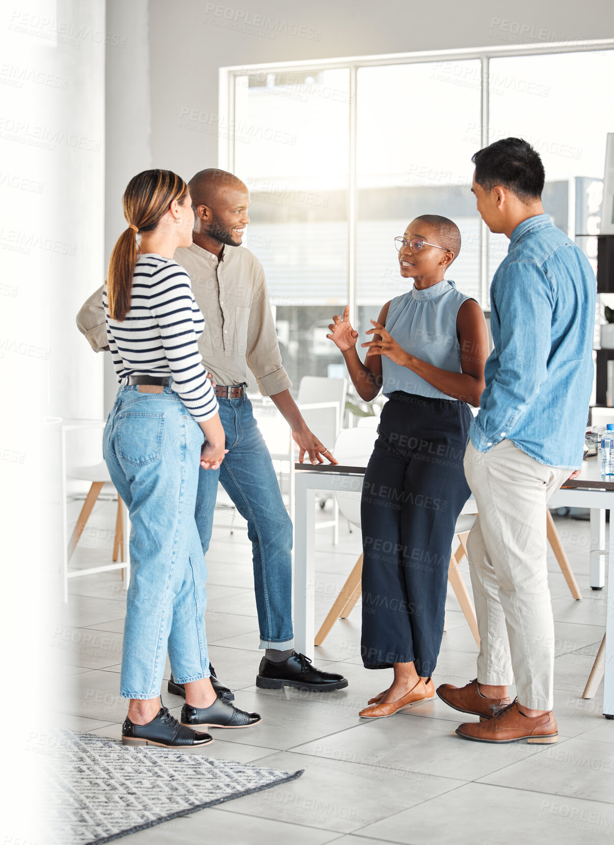 Buy stock photo Business people, ideas and team for conversation in office, startup and collaboration on project. Employees, talking and discussion in meeting with diversity, speaking and together for cooperation