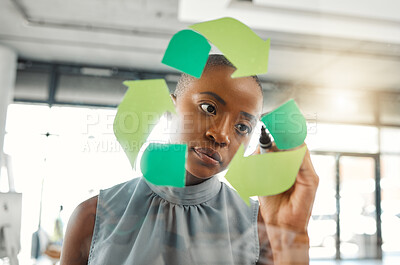 Buy stock photo Office, black woman and marker with recycle logo on glass wall for eco friendly, environment or ecology. Business person, employee and ideas with brainstorming or planning for green or sustainability