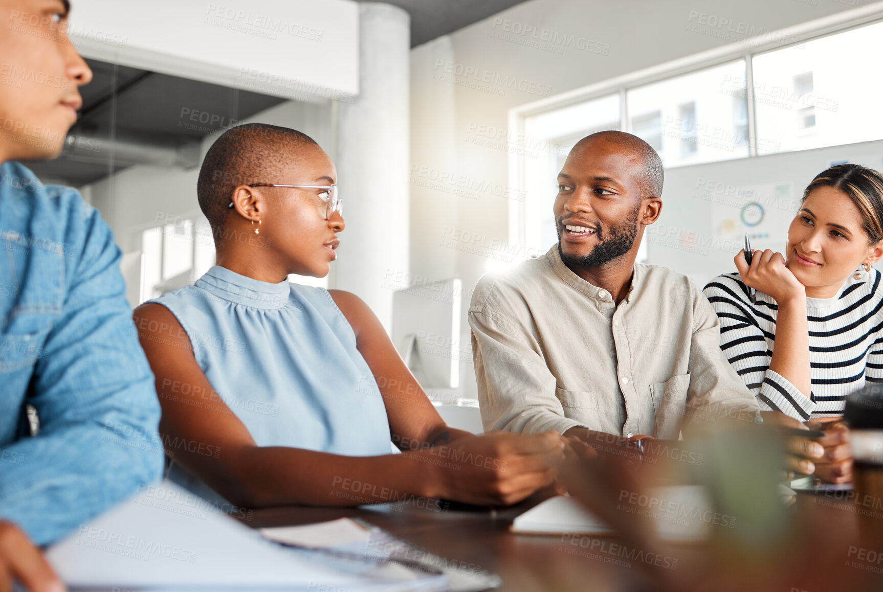 Buy stock photo Business people, meeting and collaboration in office with media management and chat at desk. Teamwork, conversation and online campaign launch and planning with professional and diversity at startup 