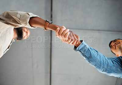 Buy stock photo Men, handshake and low angle for deal in office, collaboration and partnership for startup. Employees, investment agreement and team for cooperation in workplace, meeting and thank you for support