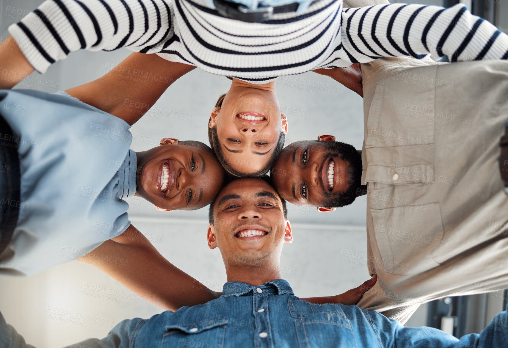 Buy stock photo Business people, huddle together and portrait for diversity, low angle and agreement or collaboration. Group, employee or workers in team building, motivation or meeting for creative office support