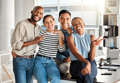 Buy stock photo Business people, portrait and team with emoji in office, hug and friends with peace sign or thumbs up. Employees, embrace and together for support or kindness, colleagues and proud of workforce