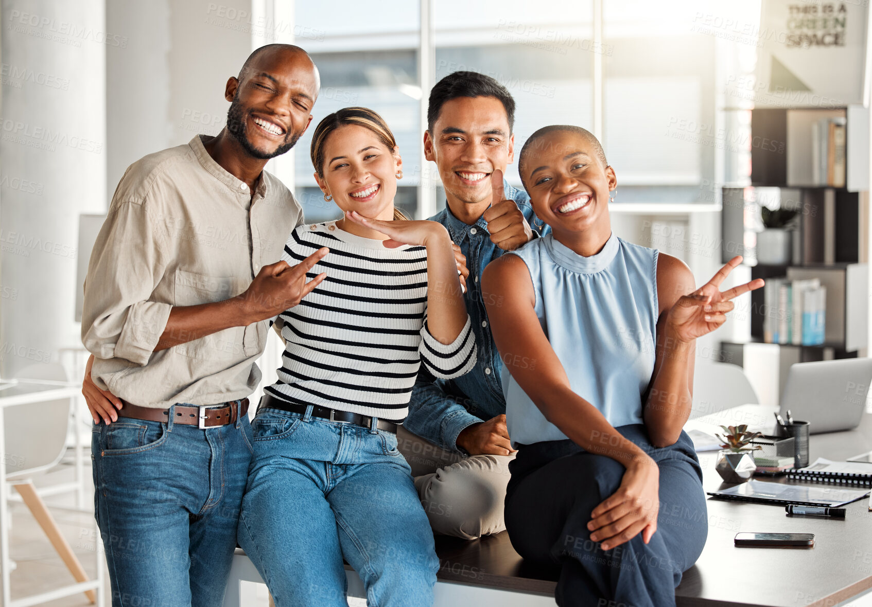 Buy stock photo Business people, portrait and team with emoji in office, hug and friends with peace sign or thumbs up. Employees, embrace and together for support or kindness, colleagues and proud of workforce