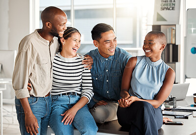 Buy stock photo Business people, hug and team laugh in office, talking and friends for collaboration on break. Employees, funny joke and discussion in meeting with diversity, comedy and together for cooperation