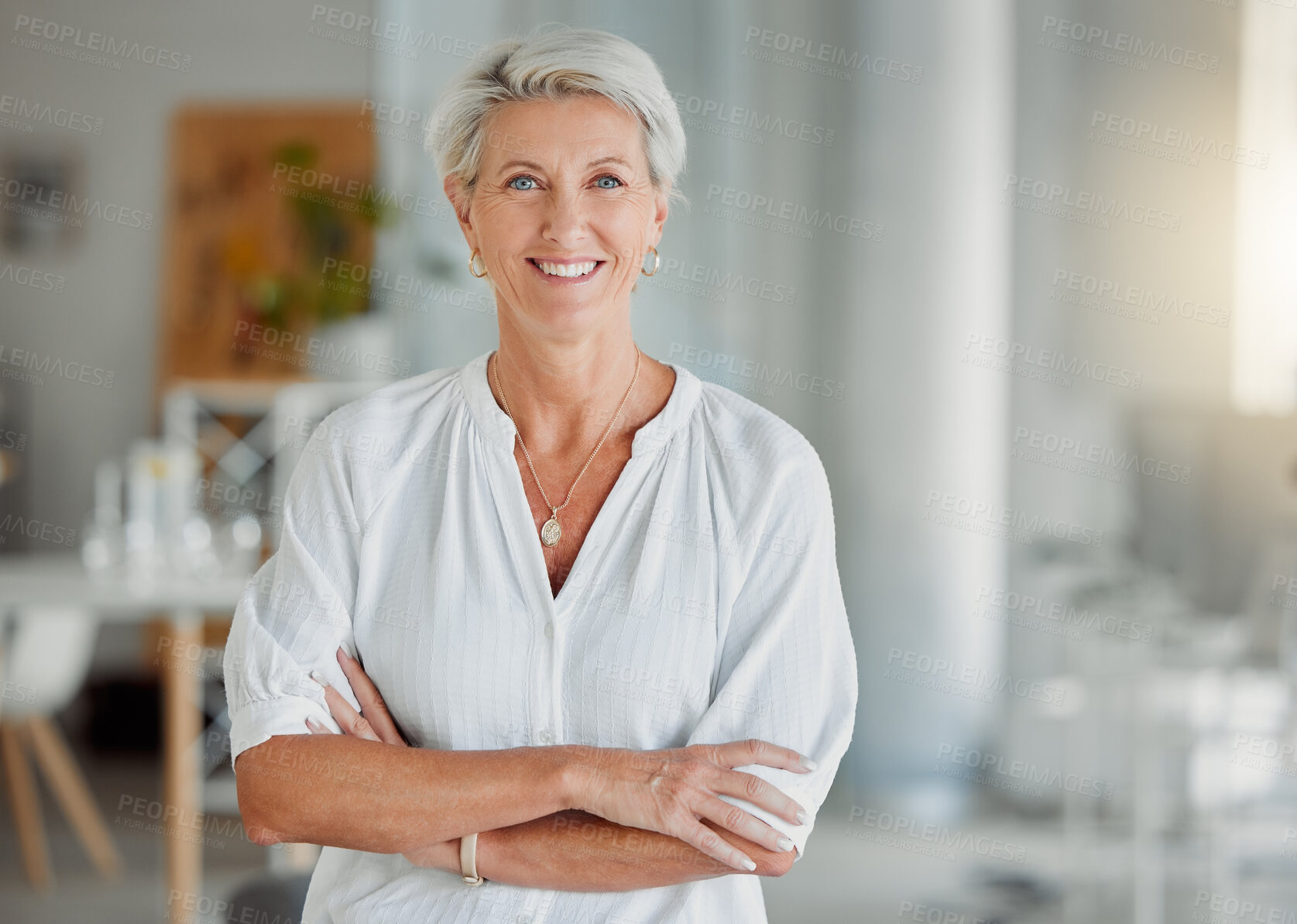 Buy stock photo Portrait, mature woman and office with confidence, smile and pride as creative director in business. Female person, happiness and arms crossed as professional in digital agency for career in company