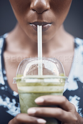 Buy stock photo Woman, closeup and green healthy smoothie for diet, nutrition and detox with kale, organic liquid and fruits. Female person, drinking and vegan juice for weight loss, natural shake and protein rich