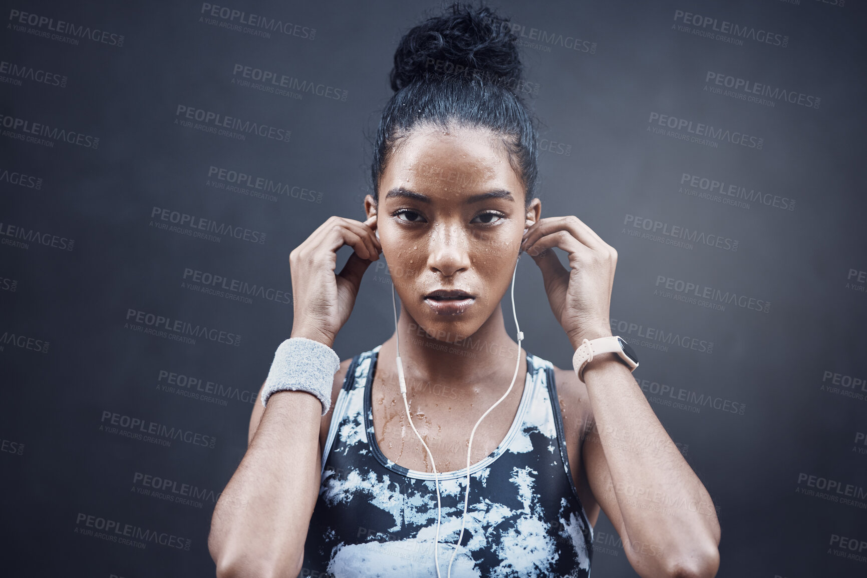 Buy stock photo Woman, runner and portrait with earphones in city with training, fitness and music subscription in street. Girl, listen and audio streaming for workout, exercise or health on metro road in Costa Rica