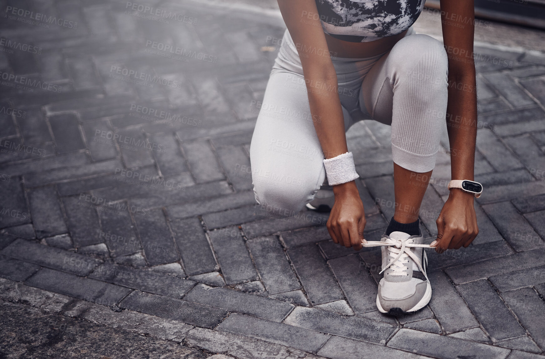 Buy stock photo Hands, runner and tie shoelace in street for training, health and start workout for fitness in city. Person, sport shoes or sneakers on metro sidewalk for exercise, challenge and ready in Costa Rica