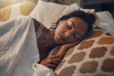 Buy stock photo Woman, fatigue and sleeping in bed for rest, comfort and exhausted in home with blanket and pillow. Female person, tired and asleep in bedroom for nap, dream and burnout with relax, peace and break