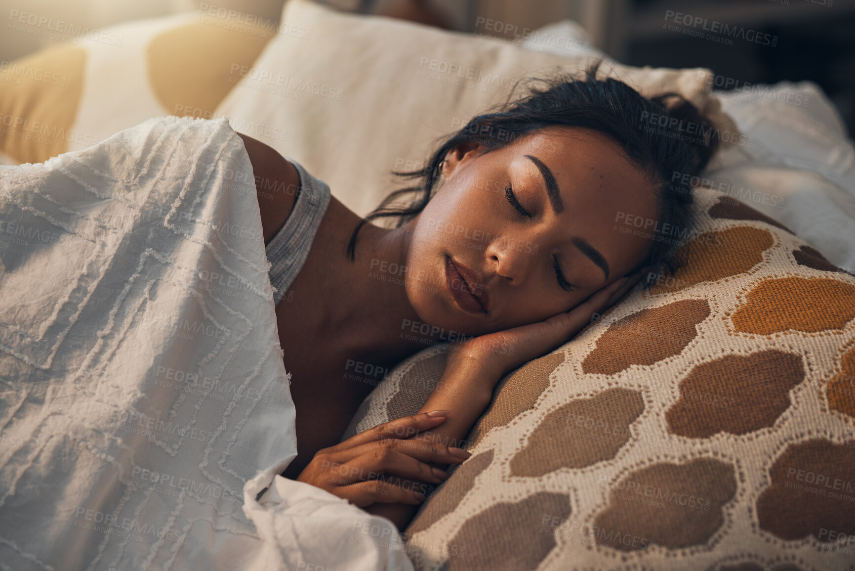 Buy stock photo Woman, fatigue and sleeping in bed for rest, comfort and exhausted in home with blanket and pillow. Female person, tired and asleep in bedroom for nap, dream and burnout with relax, peace and break