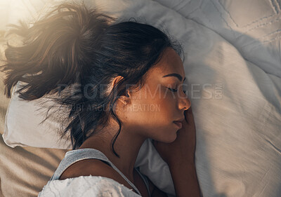 Buy stock photo Woman, tired and sleeping in bedroom for rest, comfort and exhausted in home with blanket and pillow. Female person, fatigue and asleep in bed for nap, dream and burnout with relax, peace and break