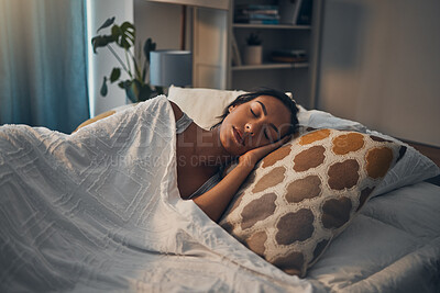 Buy stock photo Woman, night and sleeping in bed for tired, comfort and exhausted in home with blanket and pillow. Female person, fatigue and asleep in bedroom for nap, dream and burnout with relax, peace and break