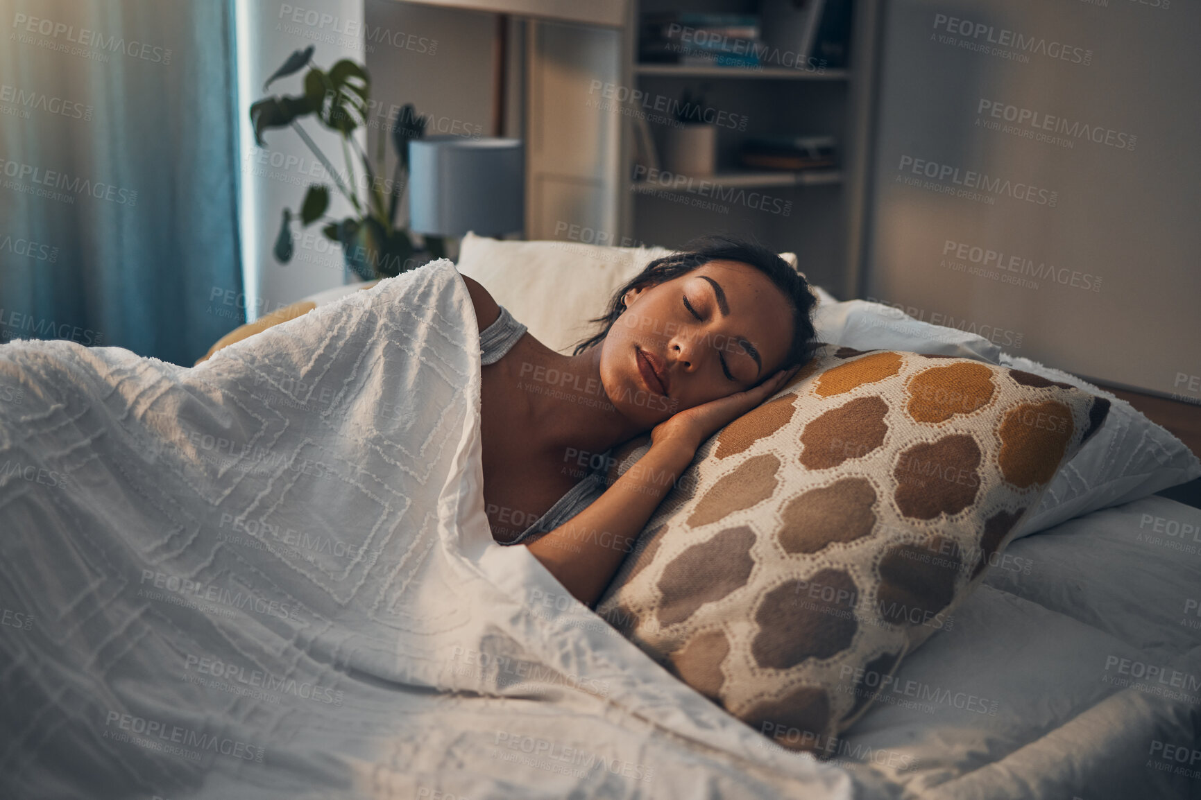 Buy stock photo Woman, night and sleeping in bed for tired, comfort and exhausted in home with blanket and pillow. Female person, fatigue and asleep in bedroom for nap, dream and burnout with relax, peace and break