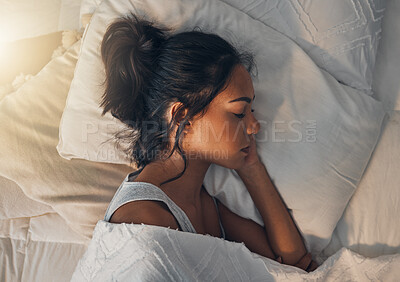 Buy stock photo Woman, tired and sleeping in morning for rest, comfort and exhausted in home with blanket and pillow. Female person, fatigue and asleep in bed for nap, dream and burnout with relax, peace and break