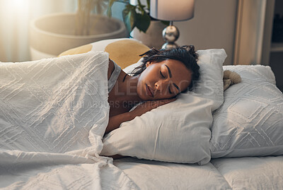 Buy stock photo Woman, tired and sleeping in bed for relax, comfort and exhausted in home with blanket and pillow. Female person, fatigue and asleep in bedroom for nap, dream and burnout with rest, peace and break