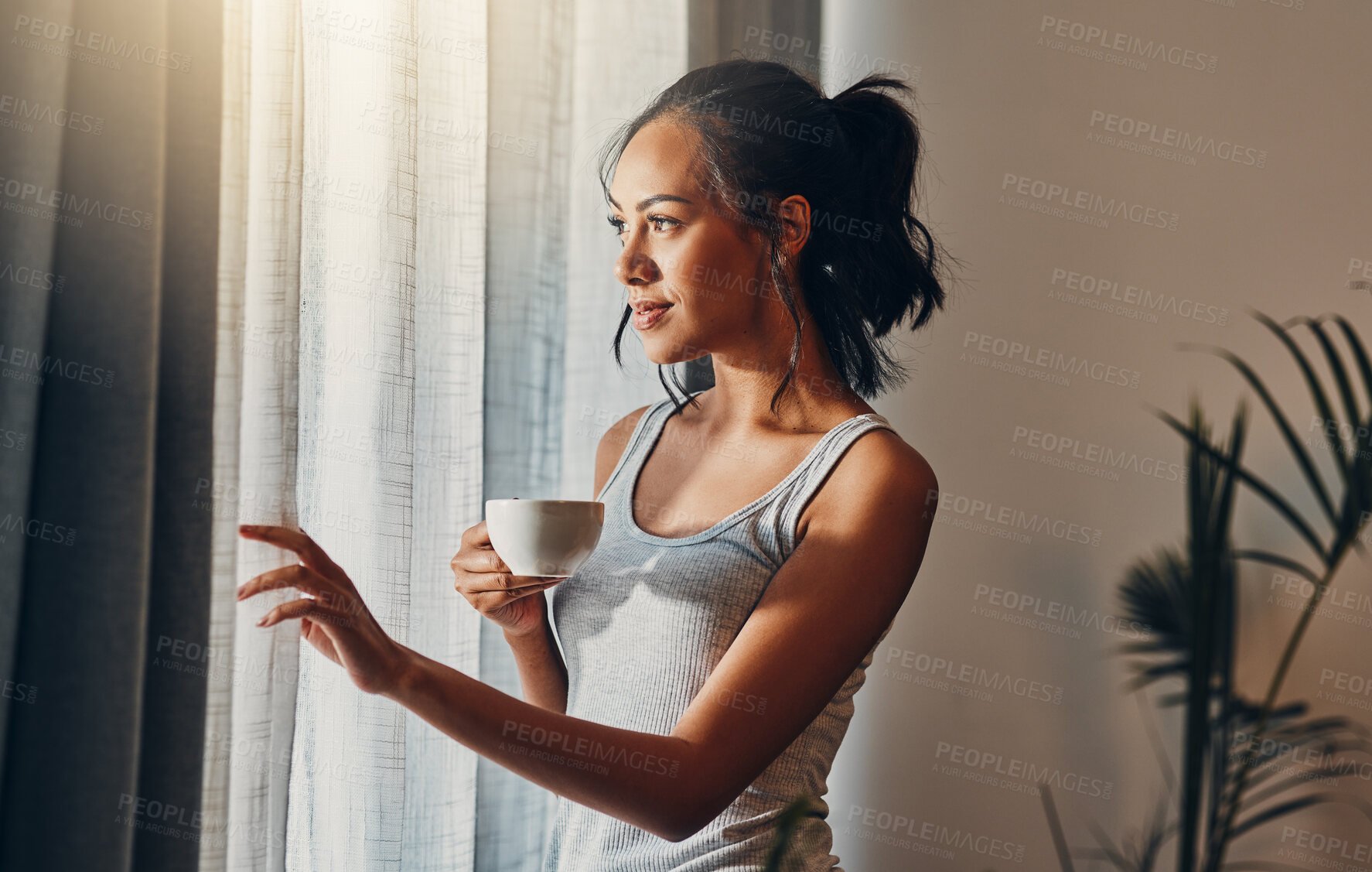 Buy stock photo Woman, tea and thinking by home window for relax, reflection and watching neighborhood. Girl, coffee and open curtain in living room with street view, weekend peace and morning routine in apartment