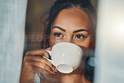 Buy stock photo Woman, drinking tea and thinking by home window for relax, calm and morning reflection. Girl, coffee and weekend peace in living room with memories, daydreaming and watching neighborhood in apartment