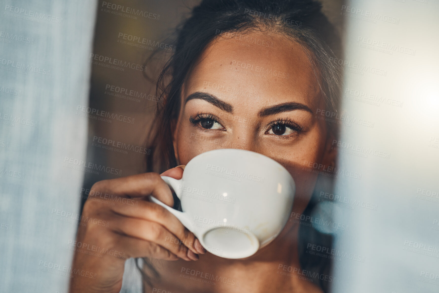 Buy stock photo Woman, drinking tea and thinking by home window for relax, calm and morning reflection. Girl, coffee and weekend peace in living room with memories, daydreaming and watching neighborhood in apartment