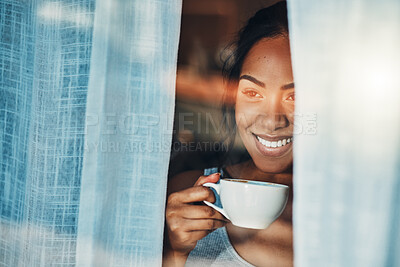 Buy stock photo Happy woman, coffee and thinking by home window for relax, calm and morning reflection. Girl, latte and weekend peace in living room with memories, daydreaming and watching neighborhood in apartment