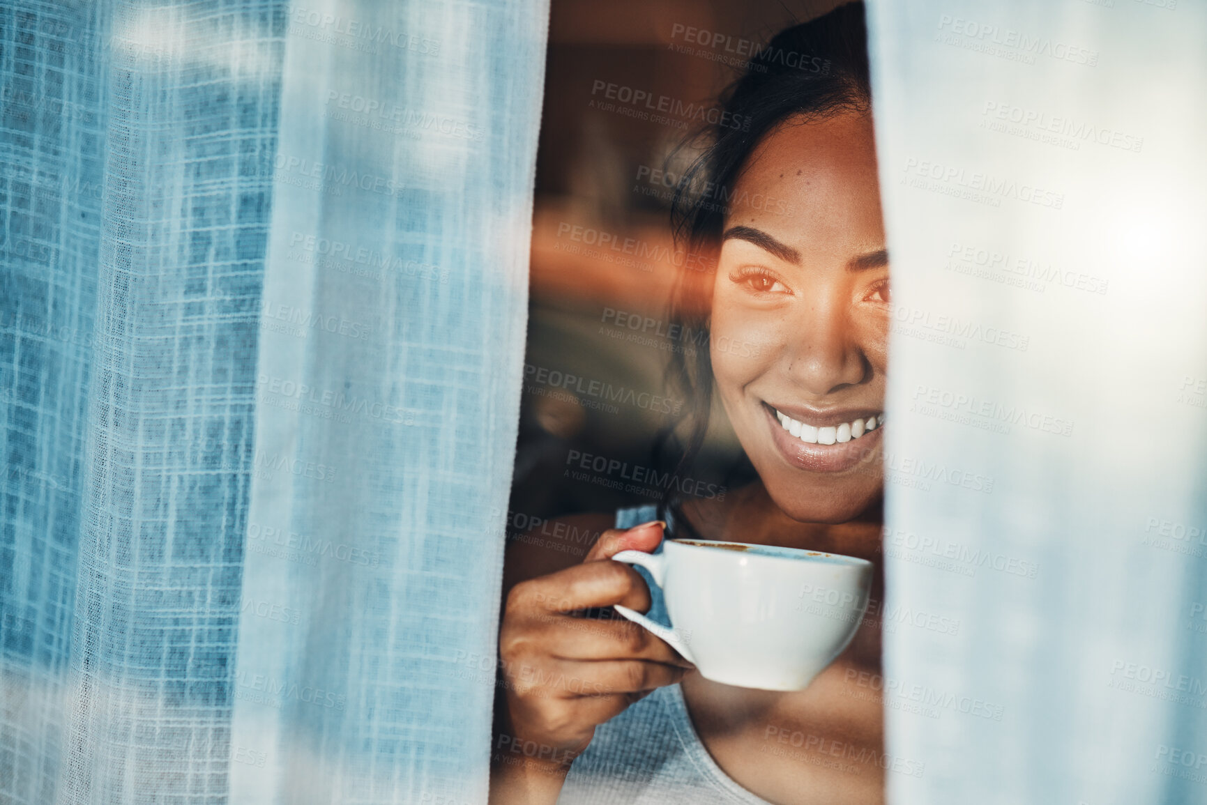 Buy stock photo Happy woman, coffee and thinking by home window for relax, calm and morning reflection. Girl, latte and weekend peace in living room with memories, daydreaming and watching neighborhood in apartment