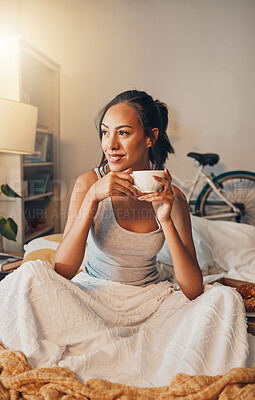 Buy stock photo Thinking, bed and woman with coffee, morning and relax with comfort, start day and calm. House, bedroom and girl with blanket, herbal tea and espresso with wonder, decision and choice with cappuccino