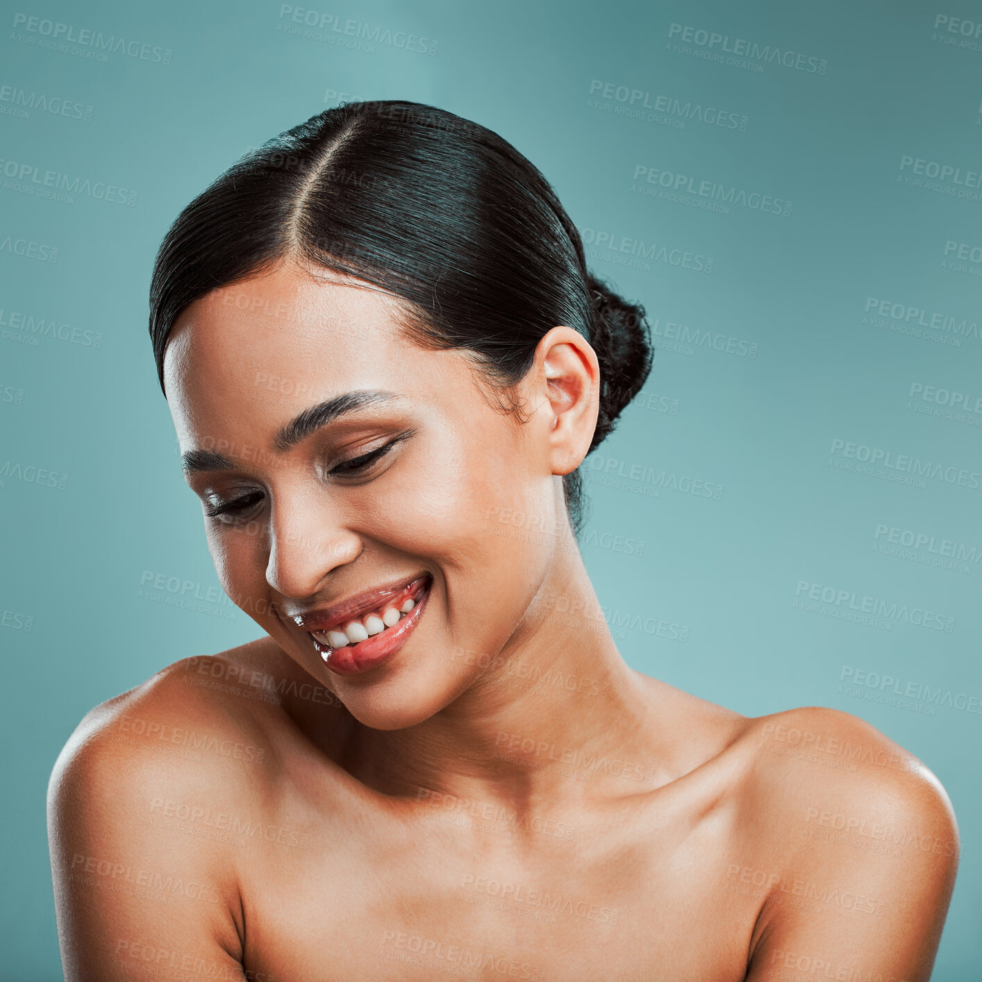 Buy stock photo Results, makeup or happy woman with beauty, skincare or glow on face in studio on blue background. Treatment, smile or confident girl model with facial health for wellness, shine or pride in France