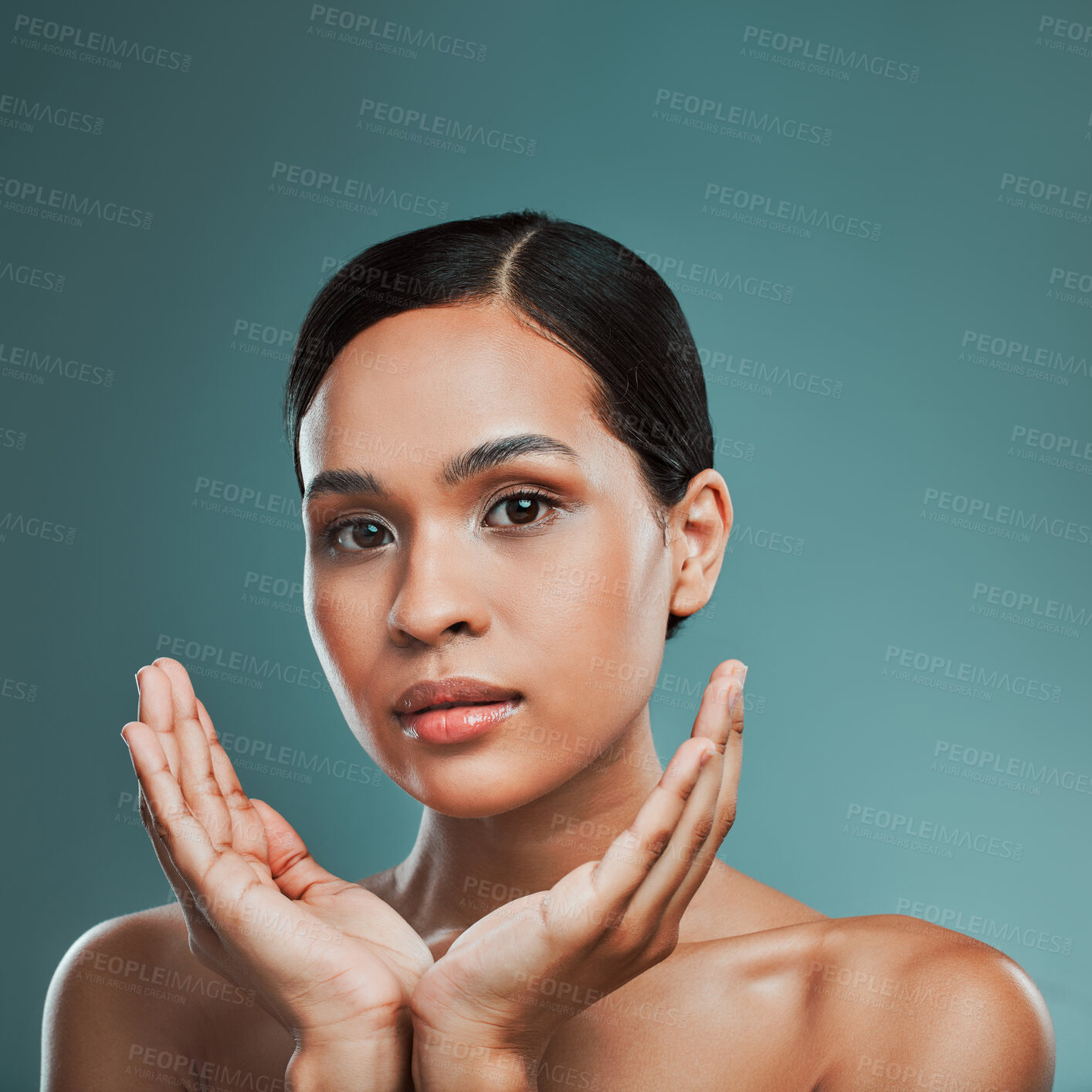 Buy stock photo Hands, portrait or woman with skincare results, beauty or makeup glow in studio on blue background. Treatment, smile or confident girl model with facial health for wellness, shine or pride in France