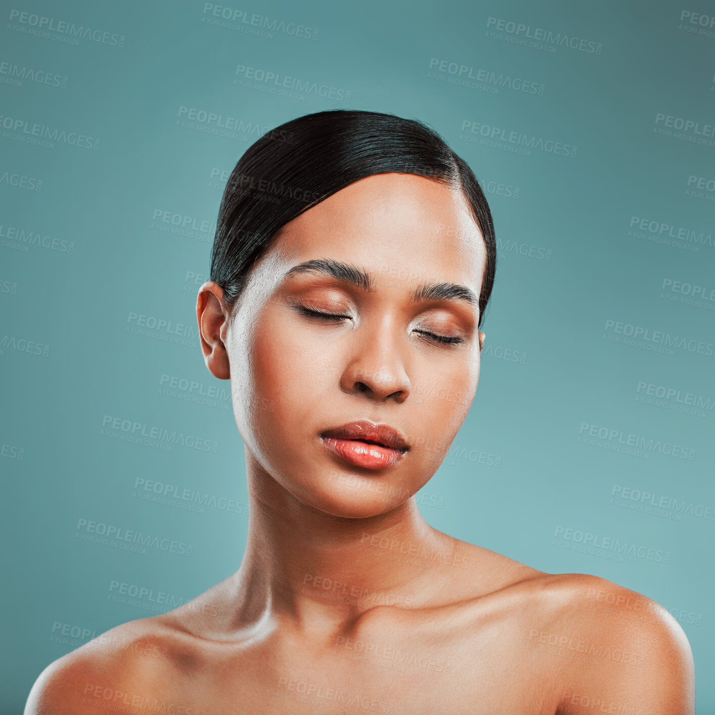 Buy stock photo Face, eyeshadow or woman with skincare results, beauty or makeup glow in studio on blue background. Treatment, relax or confident girl model with facial health for wellness, shine or pride in France