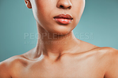 Buy stock photo Beauty, collarbone and wellness with woman in studio isolated on blue background for hygiene closeup. Body, dermatology and skincare with model person at salon or spa for natural cosmetics treatment