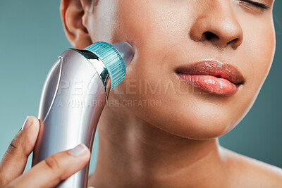 Buy stock photo Woman, beauty or pores vacuum device for blackhead removal, excess oil or dead skin cells. Face, skincare and girl with suction machine for regeneration, exfoliation or cosmetics on studio background